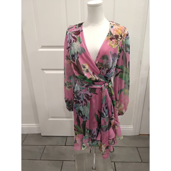 Alex Marie Dresses & Skirts - Alex‎ Marie Pink Floral Wrap V-Neck Ruffle Hem Long Sleeve Dress Size 4 NEW